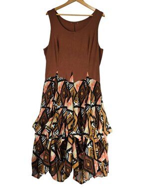 Ruched Dress Brown Tribal XL Sleeveless Flexible Skirt Style Midi Boho Ethnic